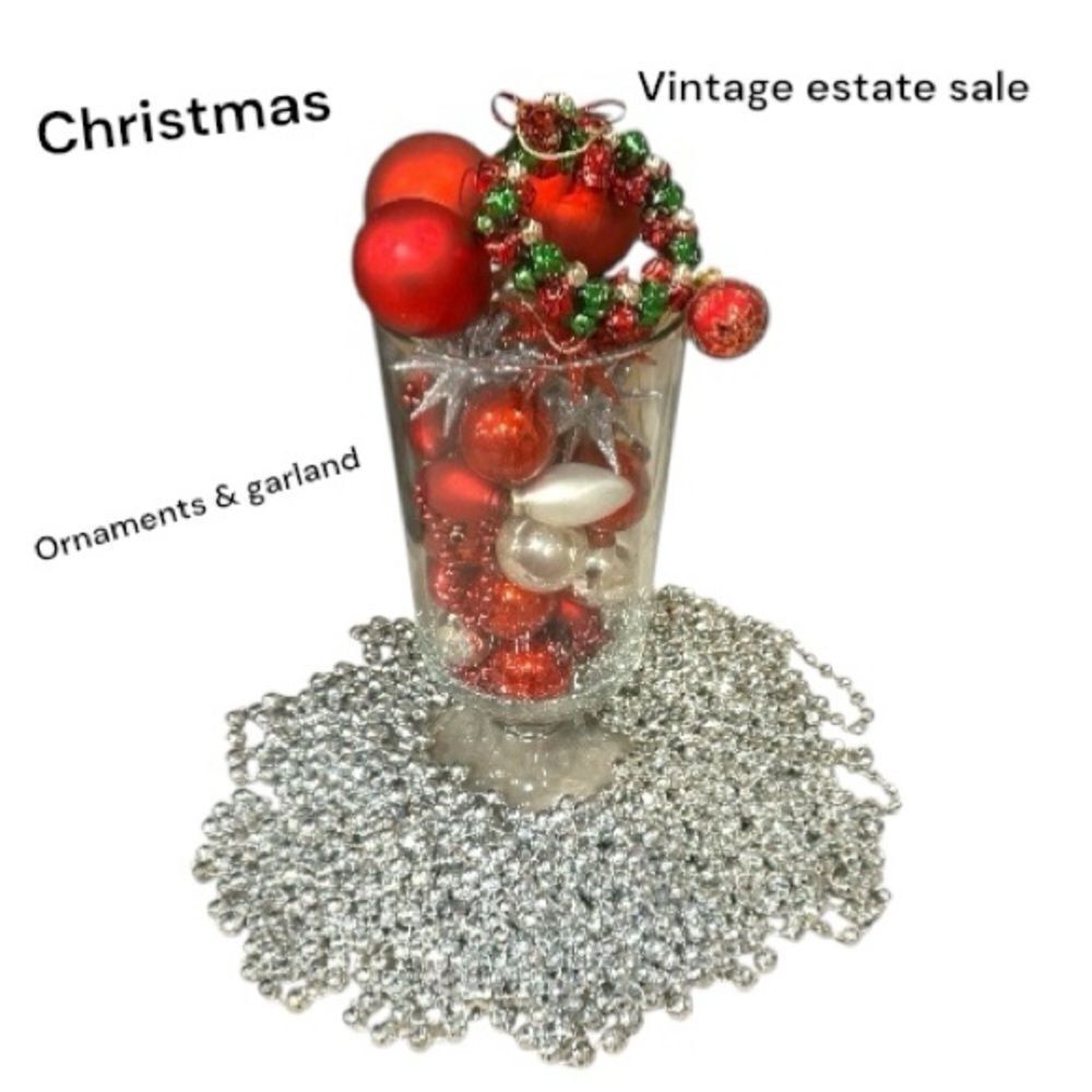 Estate Christmas Ornaments and garland red, white, silver & hint of green